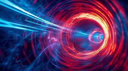 Intense blue and red neon lights swirl together, creating a mesmerizing cosmic effect. The energy of the lights pulsates like a glowing ring, transporting you to a futuristic realm.
