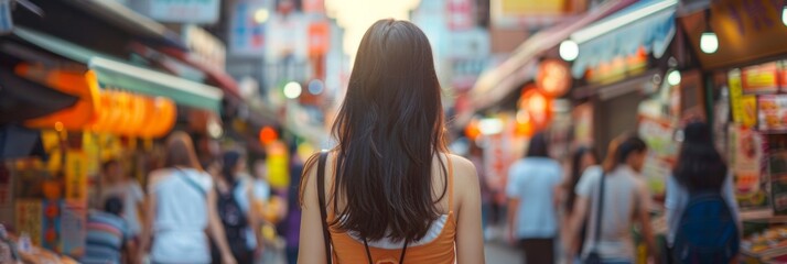 Naklejka premium Back view of traveler young women standing on city streets while on vacation in Asia, Travel trip.
