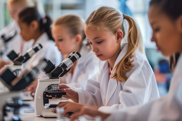 kids with microscope and test tubes in science class at school or laboratory