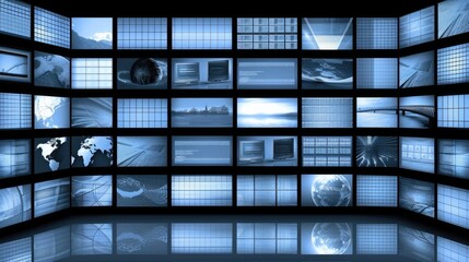 A 3D rendering of a detailed world map displayed on a large screen, with several other blurry data screens in the background.