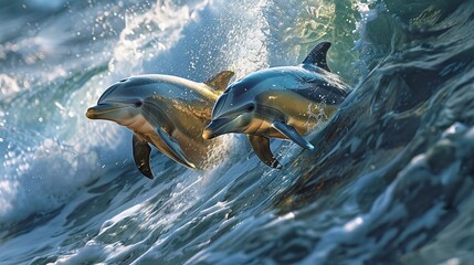 Obraz premium Two dolphins leap through a wave, their sleek bodies catching the sunlight