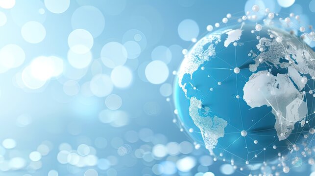 A 3D rendering of a detailed world map displayed on a large screen, with several other blurry data screens in the background.