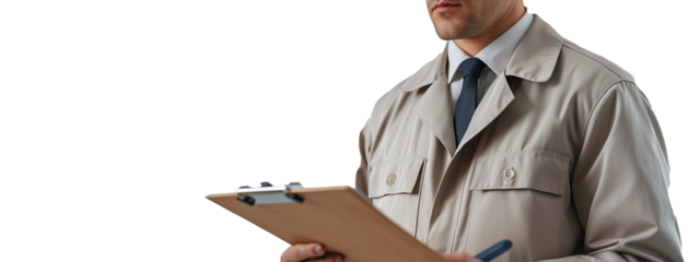 Professional engineer in beige jacket with tie holding clipboard and pen against plain background with ample copy space for additional text or graphics.