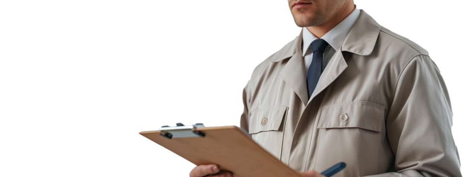 Professional engineer in beige jacket with tie holding clipboard and pen against plain background with ample copy space for additional text or graphics. - Powered by Adobe
