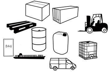 Logistics Transport Box IBC tote Drum Container Bag Forklift Pallet Gallon Vessel Van delivery package doodle organic line hand drawn
