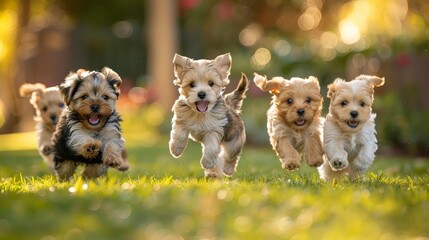 Five puppies run happily across a green lawn, bathed in warm sunlight