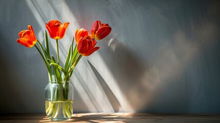 A vase of vibrant tulips sits on a table, bathed in sunlight streaming through a window