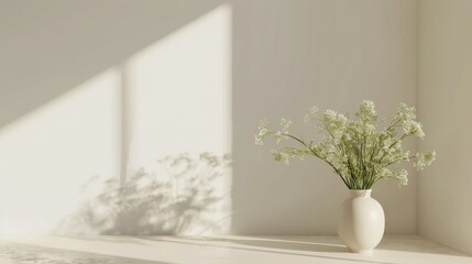 A vase of verbena flowers sits on a table bathed in sunlight