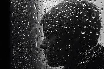 Silhouette of a Person Behind Rain-Drenched Window - Moody and Reflective Scene for Conceptual Art