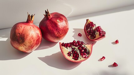 Pomegranates and seeds still life on white surface
