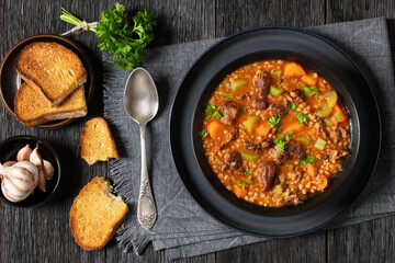 beef barley soup in a bowl, top view