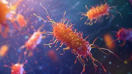 Fototapeta premium Microbes, bacteria, and proteins are tiny organisms that reproduce by dividing or connecting with other cells. This process is known as cell division or cell connection.