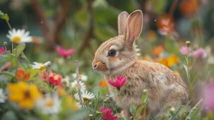 Fototapeta premium A small brown rabbit sits in a garden full of colorful wildflowers