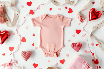 Valentine's Day themed baby announcement with pink onesie surrounded by heart shapes and string on a white background 