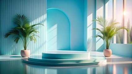 Fototapeta premium Abstract blue color gradient studio background for product presentation. Empty room with shadows of window and flowers and palm leaves