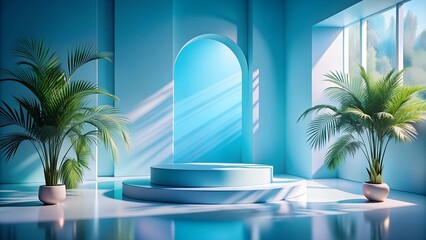 Obraz premium Abstract blue color gradient studio background for product presentation. Empty room with shadows of window and flowers and palm leaves