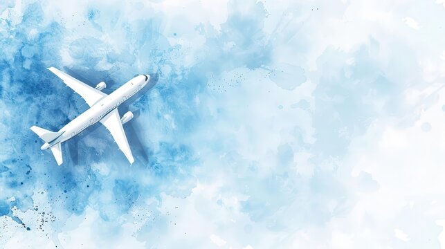 Airplane trailing banner in azure sky, clear day, cheerful atmosphere, watercolor style