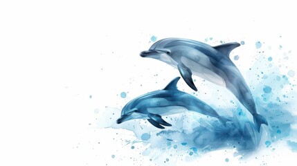 Obraz premium Happy dolphins leaping out of the water, sunny day, lively ocean, watercolor style