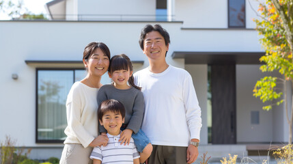 秋の日差しの中、マイホームの前で笑顔いっぱいの4人家族：日本人のライフスタイルを映す屋外写真