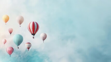 Obraz premium Hot air balloons drifting in azure sky, colorful and vibrant, peaceful scene, watercolor style