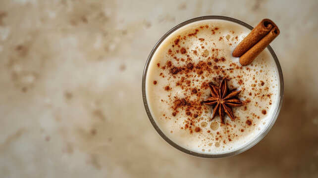 Top view of chai latte with cinnamon stick and star anise.