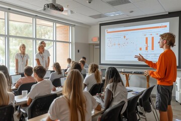 Young Man Giving Presentation to Group of Students in Classroom