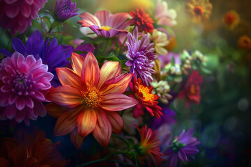 A colorful bouquet of flowers with a bright and cheerful mood. The flowers are arranged in a way that they complement each other and create a harmonious display. The colors of the flowers are vibrant