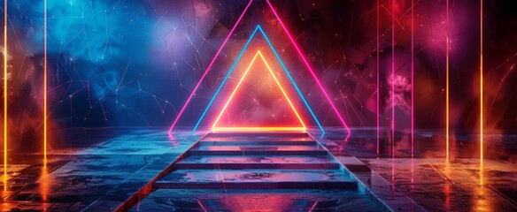 A vibrant neon-lit scene with a central glowing triangle and reflective floor, evoking a futuristic or cyberpunk aesthetic.