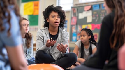 Obraz premium Engaging Current Events Discussion in Classroom Setting with Educator and Diverse Group of Students Sharing and Debating News Articles