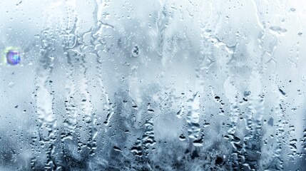 Naklejka premium Frosty Window Pane with Condensation and Streaks of Light, Creating a Cold, Atmospheric Background