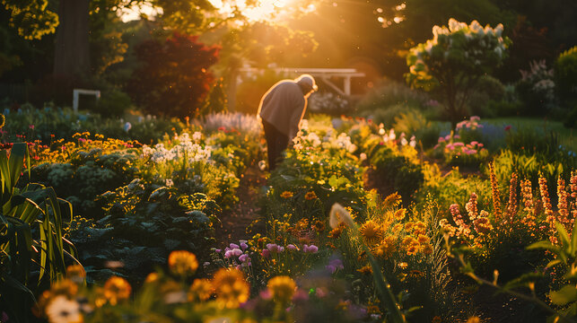 Person Tending to Flowers in a Tranquil Garden with Vibrant Blooms and Golden Hour Light

