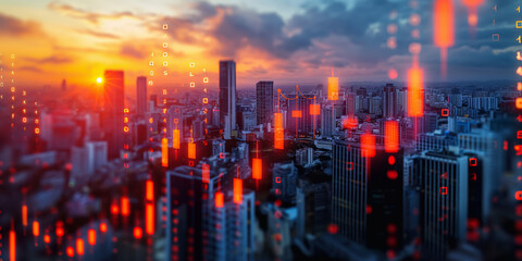 Fototapeta premium Data-Infused Twilight: The Intersection of Urban Life and Financial Markets