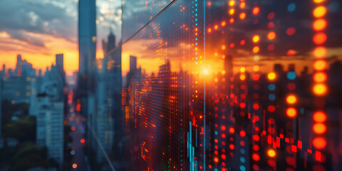 Fototapeta premium Urban Symphony: The Interplay of Digital Data and Sunset Hues Across a Modern Cityscape