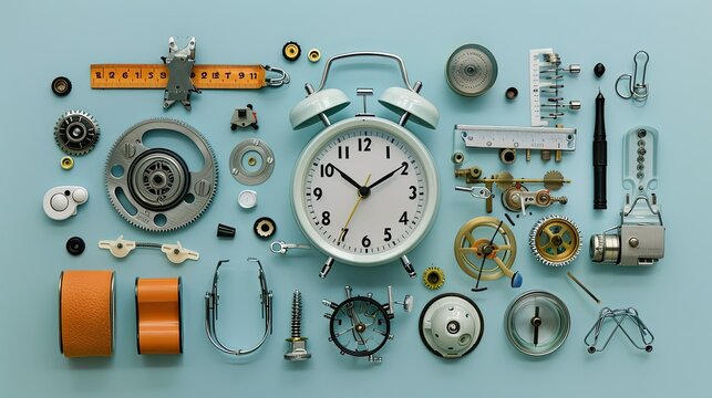 Alarm clock broken down, with its components exposed.
