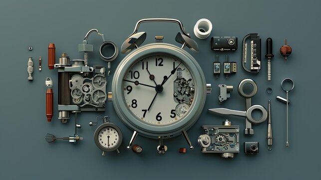 Alarm clock broken down, with its components exposed.