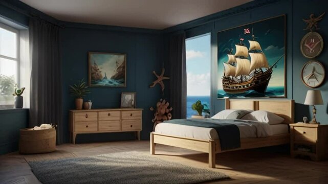 Pirate themed children's room decoration, there is a pirate ship painting on the wall, the wall is light blue