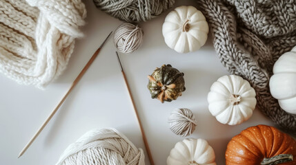 Fototapeta premium Minimalistic Knitting Setup with Pumpkins