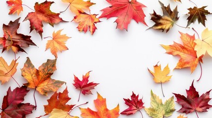 Colorful autumnal leaf frame on a plain white backdrop.