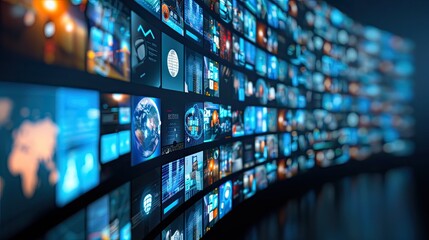 A wall of digital screens displays a variety of data and images, including a world map, charts, and other visual information