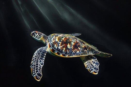 A sea turtle gliding in dark waters with light rays filtering through, highlighting its intricate shell pattern and serene motion.