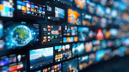 A wall of digital screens displays a variety of data and images, including a world map, charts, and other visual information