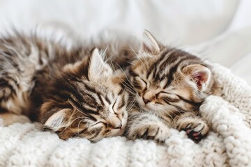 Two cute gray kittens sleep on a white blanket