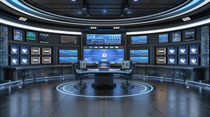 A wall of digital screens displays a variety of data and images, including a world map, charts, and other visual information