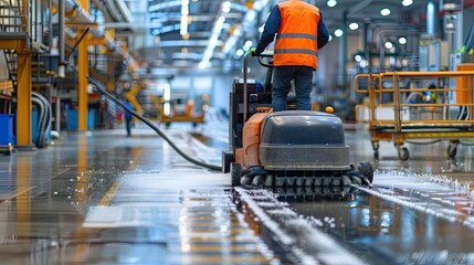 Industrial factory floor being cleaned by a worker on a cleaning machine.