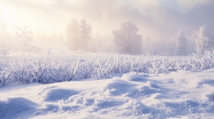 Obraz premium Snowy Winter Landscape With Foggy Trees.