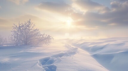 Winter Wonderland Landscape with Footprints in the Snow.