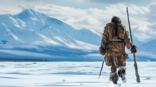 Alaskan tribal men hunt in the snow, wearing thick fur clothing and carrying spears, Ai Generated Images