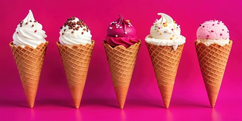 A colorful assortment of ice cream cones with bright toppings, against a bright pink background. Ideal for desserts, food, advertising and summer themes. Ice cream balls in a waffle glass stand