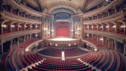 Obraz premium Luxurious theater interior with ornate architectural details, red seats, and a red curtain on the stage, featuring multiple balconies.