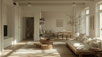 Living room interior in Scandinavian style, showcasing simplicity and elegance.